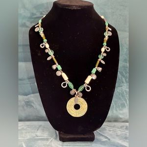 Stunning Jade and Ivory glass bead on silver necklace - Laguna Beach fair - 22”